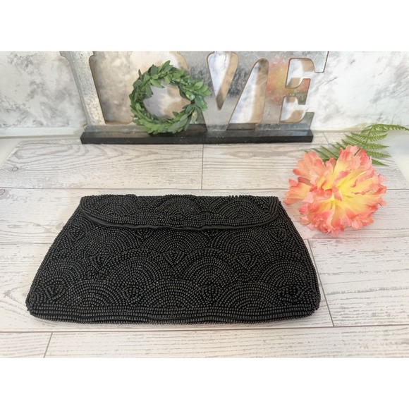 Hato Hasi Black Beaded Vintage Japan Satin Lined Clutch Evening Formal Purse EUC